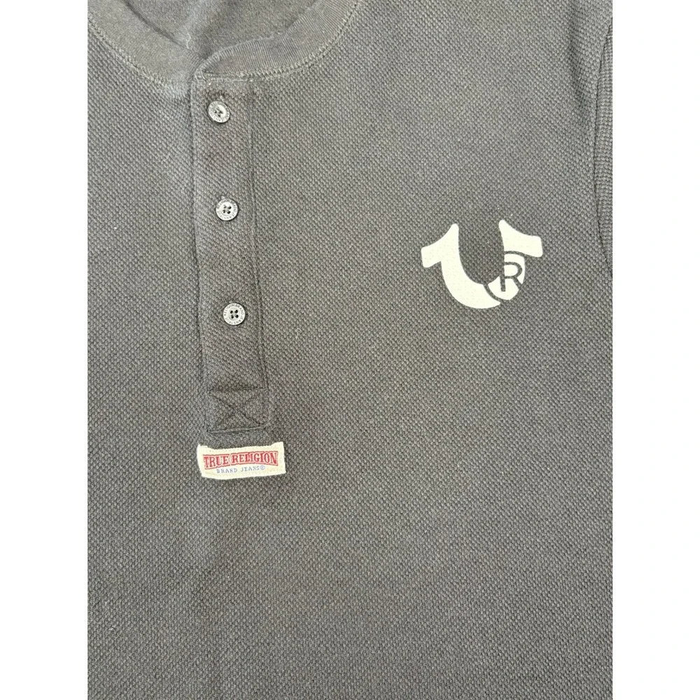 True Religion Mens Black Short Sleeve Henley Shirt Horseshoe Logo Size L